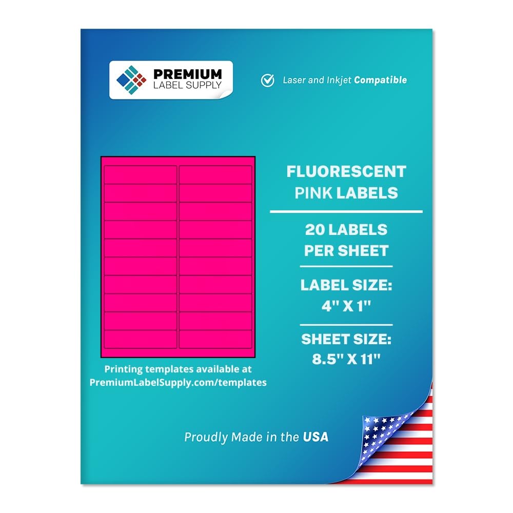 Premium Label Supply Bright Neon Color Fluorescent Sticker Labels - 4" x 1" Address Labels - (Fluorescent Pink, 2000 Labels)