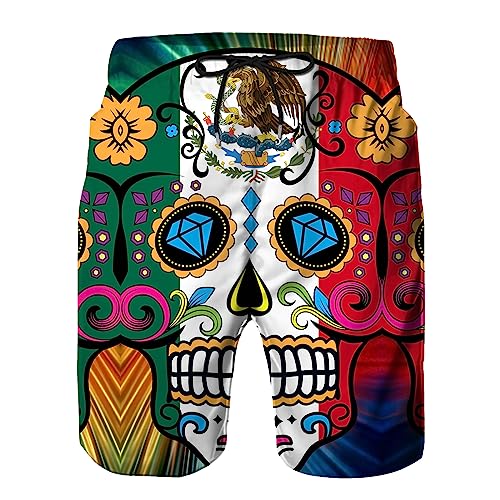 Mexican Sugar Skull Men's Summer Beach Shorts, Athletic Trunks