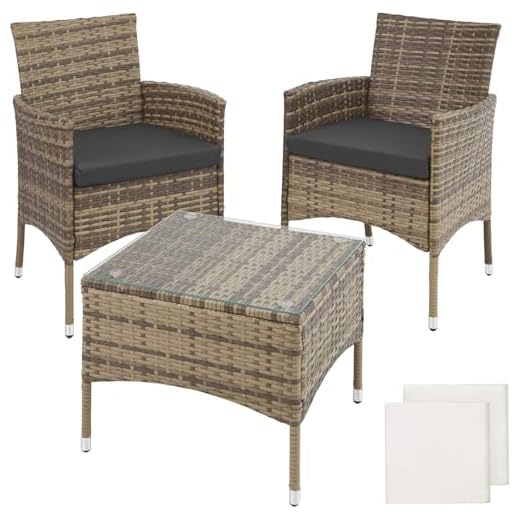 TecTake® Ensemble Salon de Jardin Extérieur en Poly Rotin 2 Personnes Ensemble Fauteuil Salon et Table de Jardin, Coussins Amovibles Inclus, Mobilier de Jardin pour Amenagement Balcon Terrasse