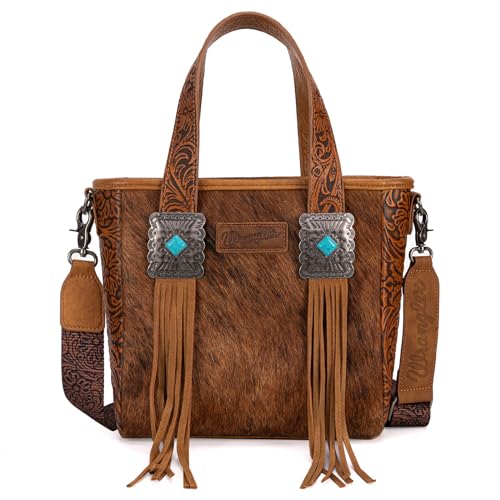 Image of Montana West Wrangler Cowhide Tote Bag for Women Western Tooling Handbag Leather Fringing with Turquoise Stone Concho