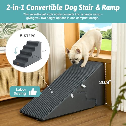 Image of COZY KISS Dog Stairs for Small Dogs, 3-Step 2-in-1 Dog Steps,22.4 inch H | 5-step dog stairs and ramps,Non-Slip Base,for Couch & Bed, Dark Grey