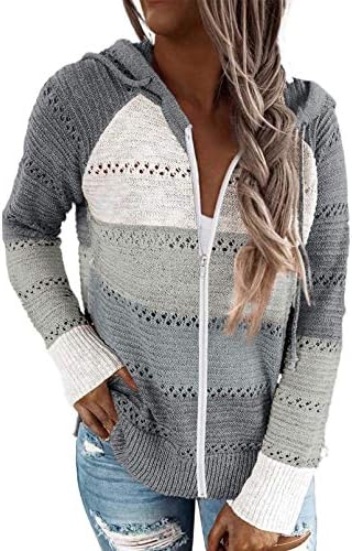 Biucly Womens Long Sleeve Knit Sweater Zip Up Hoodie Jacket Lightweight Drawstring Color Block Sweatshirt