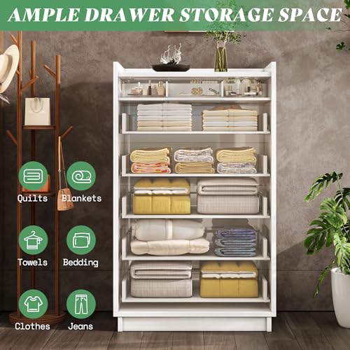 Image of AMERLIFE 50.2 inch H 5-Drawer Dresser for Bedroom with Built-in Mirror & Glass Tabletop, High Gloss Bedroom Storage Organizer & Closet, Modern Chest of Drawers, White