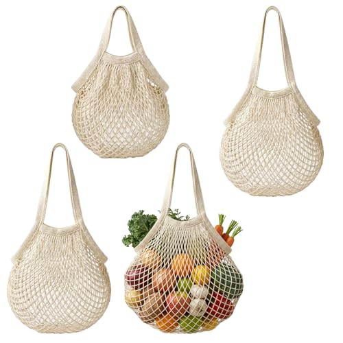 DaaJu 4 Stück Einkaufstasche Netz Wiederverwendbar Baumwolle Einkaufsnetz Tasche Netztasche sandspielzeug Beige Einkaufsnetze mit langem Griff für Aufbewahrung Von Obst Gemüse Einkaufen Strand