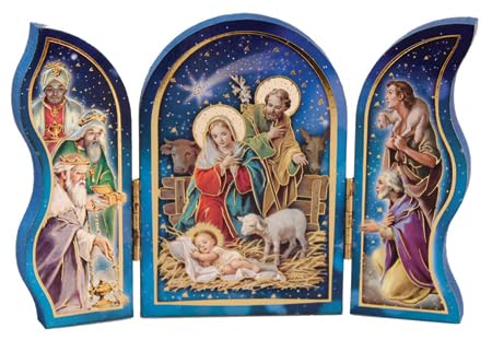 celebrationgiftsforall Christmas Nativity Scene Triptych Wooden Plaque of Our Holy Family Jesus in a Manger, Wise Men, Kings and a Shepherd with Gold Highlights