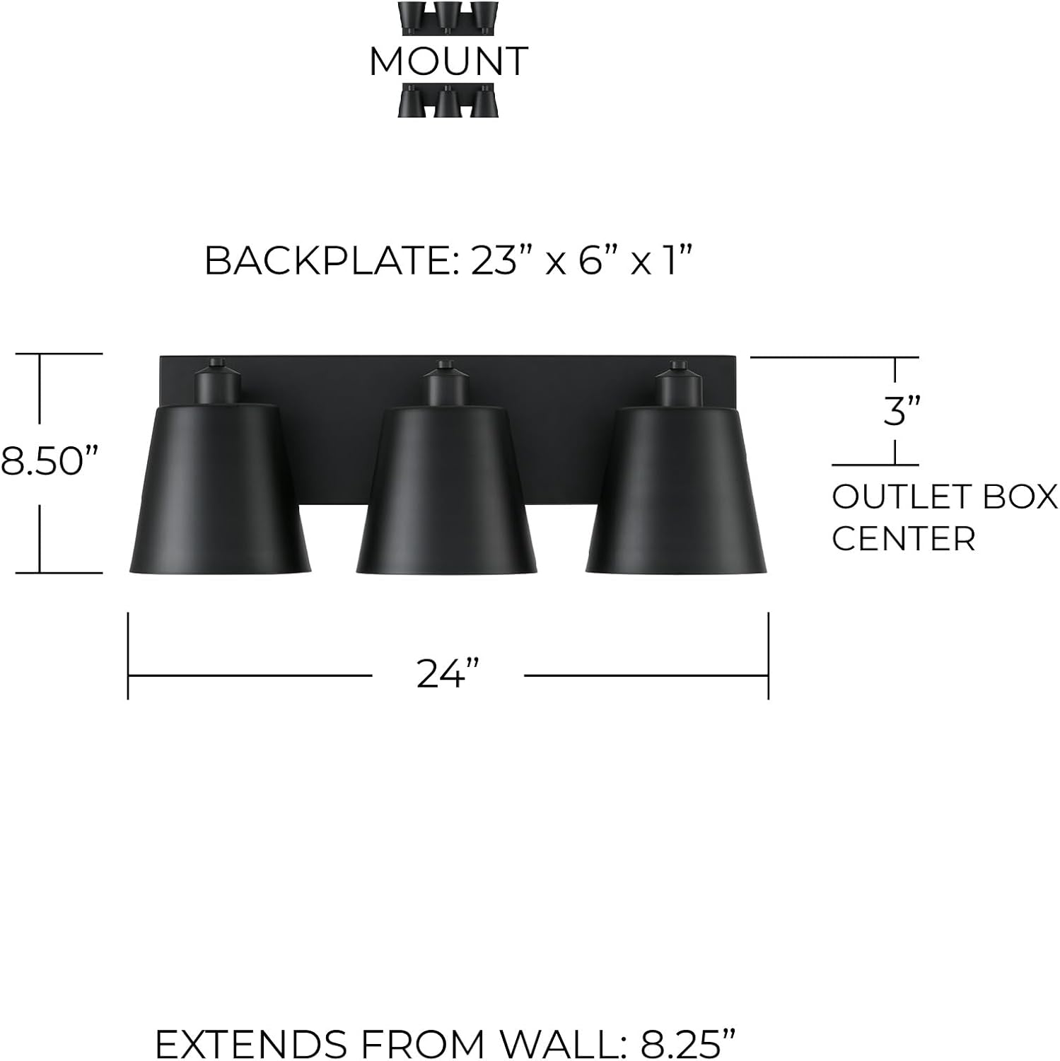 Capital Lighting 151331MB Alden Modern Industrial Metal Cone with White Interior Bath Vanity Wall Light, 3-Light 300 Total Watts, 9" H x 24" W, Matte Black