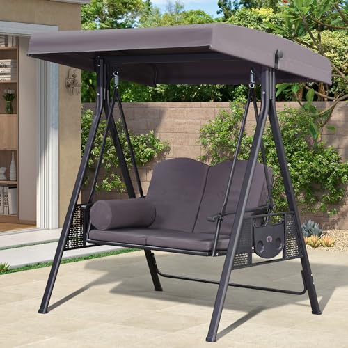 Image of PURPLE LEAF Outdoor Patio Porch Swing with Stand, 2-seat Swing Chair with Adjustable Tilt Canopy All-Weather Steel Frame for Backyard Front Porch Lawn, Cushions and Pillow Included, Grey