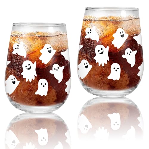 Whaline 2Pcs Halloween Stemless Wine Glasses 17oz White Ghost Drinking Glasses Clear Cute Boo Tumbler Cups for Halloween Party Supplies