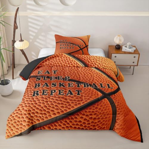 Image of Feelyou Basketball Comforter Set Twin Size Ball Pattern Bedding Set for Kids Boys Girls Eat Sleep Sports Theme Duvet Quilt Bedroom Decor Microfiber 2 Pcs with 1 Pillow Case