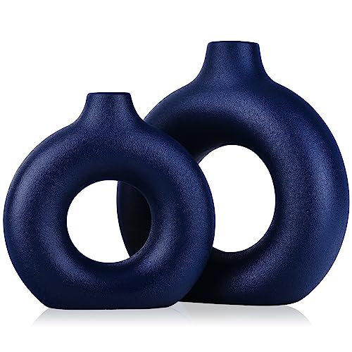 Matte Ceramic Vase Set Of 2 - Navy Blue Circle Vases Modern Boho Home Decor, Farmhouse Pampas Flower Vases, Minimalist Vases, For Dinner Table Party Living Room Office Bedroom, Kitchen Decorative #TOP20