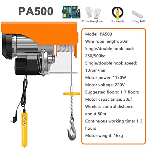 Image of Electric Hoist Cable Winch 1150W with Wireless Remote Control Mini Hoist Lifting Winch Crane Lifting Height, for Home Shop Workshop (20m PA500)
