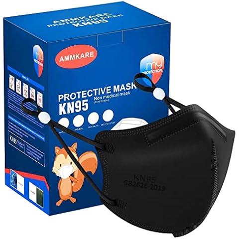 Kids KN95 Face Masks 50 PCS for Children 5-Ply Breathable Safety Mask with Adjustable Elastic Ear Loops Black Cover