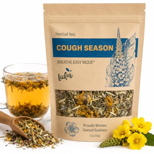 Leckar Cough Season Herbal Tea – Natural Respiratory Support Blend with Mullein, Thyme & Echinacea – Soothes Sore Throat & Hoarse Voice – Lung Health & Immune Boost – Caffeine-Free – 2 oz