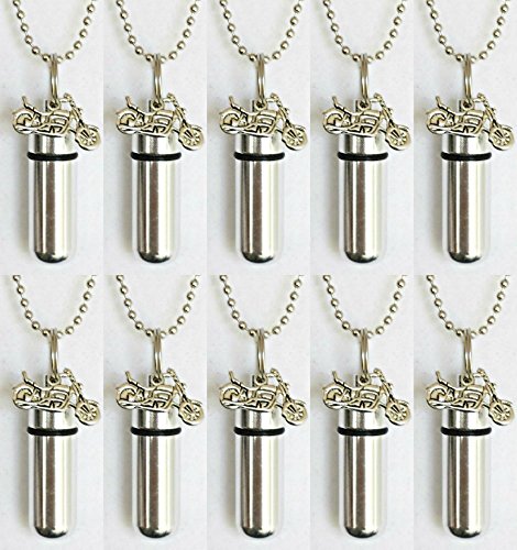 Pasco Specialty Products Family Set of Ten Brushed Silver Motorcycle Cremation URNS with Engraved USA Flags - with 10 Velvet Pouches, Ten 24" Ball-Chains & Fill Kit - Made in The USA