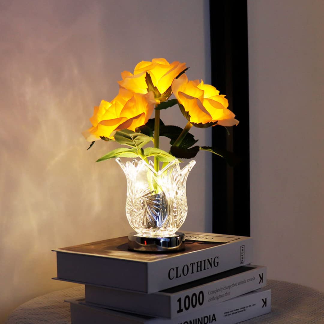 GUANSHAN Creative Champagne Rose Night Light Flower Table Lamp Night Lighting Romantic Decorative Mood Light,Rechargeable for Bedroom,Bedside,Gift