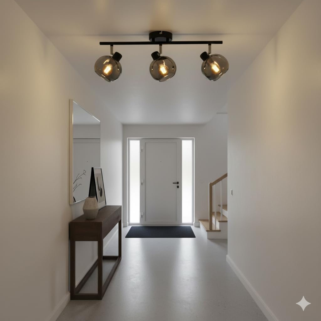 M Ledme - Lámpara de Techo Serie Glass 3 Focos, 3 Focos Led Interior de Techo Base E14, Focos LED Interior Acabado Negro (No incluye bombilla)