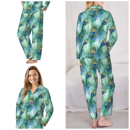 Image of Women'S Long Sleeve Pajama Set Soft Loungewear Button-Down Top & Elastic Waist Pants S- 2XL