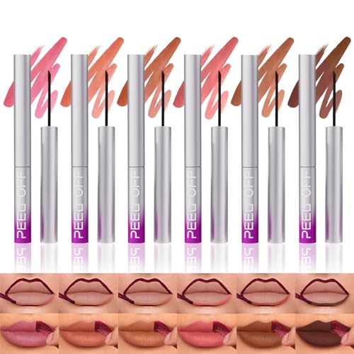 LANGMANNI 6Pcs Peel Off Lip Liner Set,Lip Stain Peel Off,Long-Lasting Waterproof & Smudge-Proof Matte Lip Liners With Ergonomic Handle & Precision Brush,Makeup Gift for Girls (6 Colors Set)