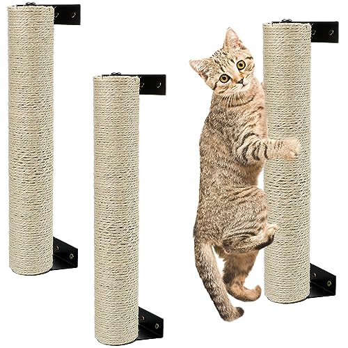 Kigley 3 Pcs Wall Mounted Cat Scratching Post, Cat Wall Scratcher, Sisal Rope Scratcher Posts, for Indoor Kittens and Large Cats, Modern Cute Wall Mounted Cat Furniture with Screws