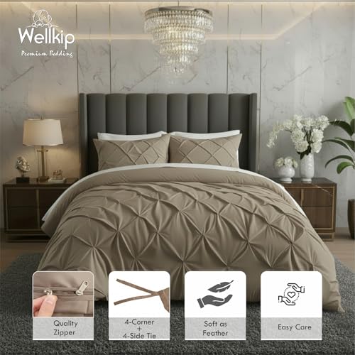 Image of Pinch Pleated Duvet Cover Set 1000TC 100% Cotton Premium 3-Pieces 1-Duvet Cover & 2-Pillow Cover Luxury Look Home and Hotel Zipper & 8-Tie Closure (Taupe, Super King 100 X 108 Inch)