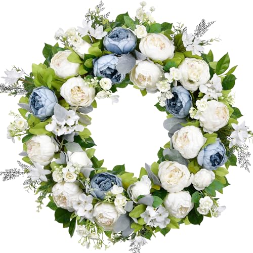 Spring Wreath for Front Door 22-24 Inch, Peony Blue White Wreath,...