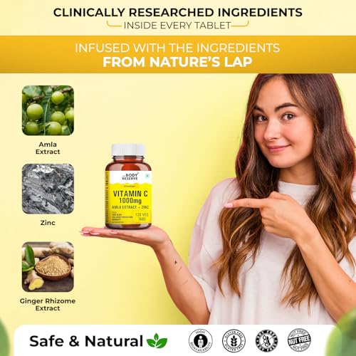 Image of THE BODY RESERVE Natural Vitamin C Tablets From Amla Extracts With Zinc helps Immunity & Skin Whitening Vitamin C Supplements 120 Tablets
