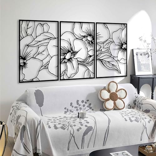 Floral Metal Wall Art Set, 3 Panel Poppy Flower Decor,...