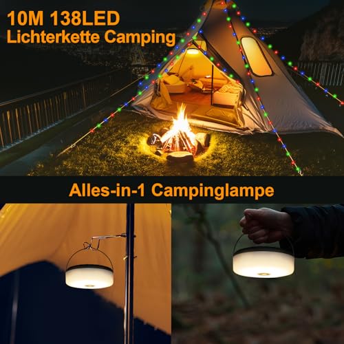 RISEMART Camping Lichterkette Aufrollbar 10M, Campinglampe mit Solaraufladung Wasserdicht Tragbare Aufrollbare Lichterkette Außen mit 5 Beleuchtungsmodi für Camping, Wandern und Hof Dekoration
