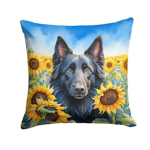 Caroline's Treasures in Sunflowers Throw Pillow, 18Hx18W, Belgian Sheepdog 6023