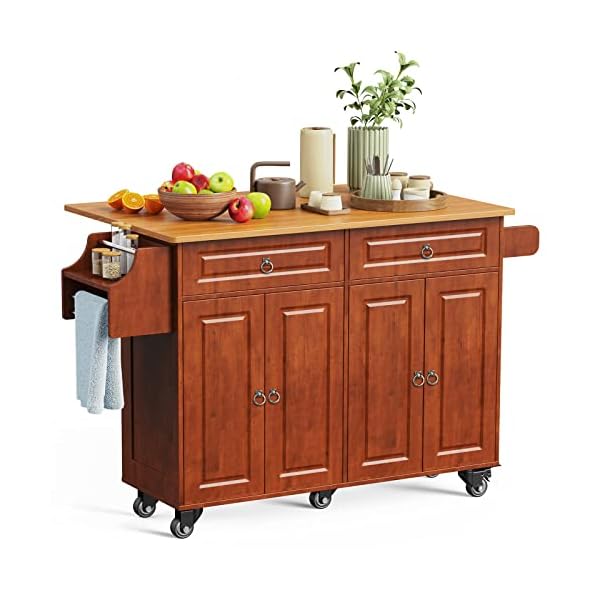 Aiho kitchen island cart with storage 52 mobile carts with rolling kitchen table with towel rack spice rack drawer large storage cabinet brown  urban country home decor