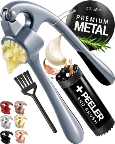 Zulay Kitchen Premium Garlic Press Set - Rust Proof Professional Garlic Mincer Tool - Easy-Squeeze, Easy-Clean with Soft, Ergonomic Handle - Silicone Garlic Peeler & Brush (Slate)