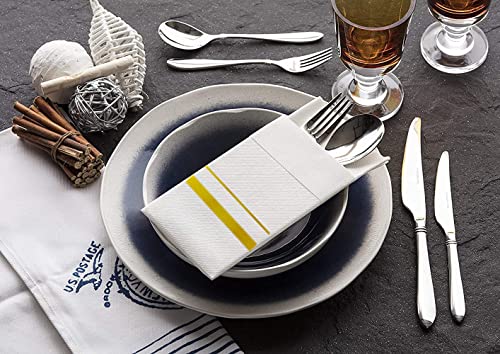 UKEENOR Disposable Dinner Napkins Cloth Like with Built-in Flatware Pocket,Wedding Party Linen Feel White and Golden Napkin, Prefolded for Silverware, 50 Counts