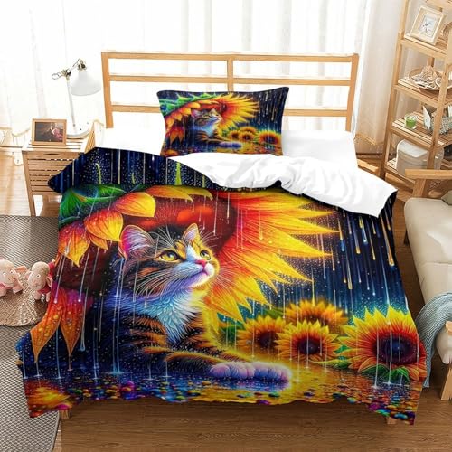 3 Piezas Conjunto Funda Nórdica 3D Gato Lindo, Juego de Cama con 2 Fundas de Almohada, Microfibra Suave Antialérgica, Decorativo Dormitorio, para Niño Adolescente, Single (135x200cm)
