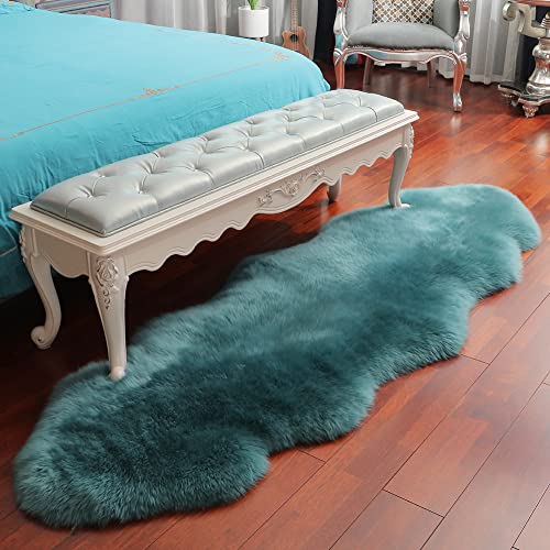 Premium Genuine Fur Sheepskin Rug Real Australia Sheepskin Natural Luxury Fluffy Lambskin Fur Area Rug Seat Covers for Kids Bedroom Sofa Chair Cover (Dark Aquamarine, Double Pelt/2ft x 6ft)