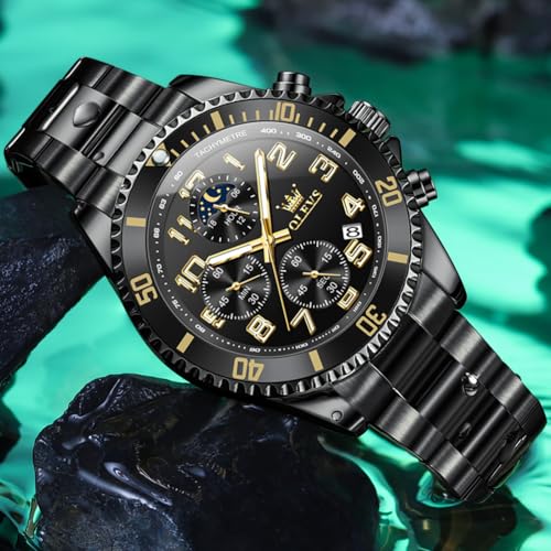 OLEVS Watches for Men Chronograph Luxury Dress Stainless Steel Waterproof Mens Watches Moon Phase Luminous Business Calendar Wrist Watch Blue/Black/Green/Gold/Face - Image 4