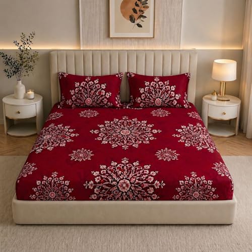 Image of Castiqa Elastic Fitted Supersoft Premium Brushed Cotton 200TC King Size Bedsheets with 2 Pillow Covers (Fits Upto Mattress of 10 Inches) (King (72x78), Wine Mandala)