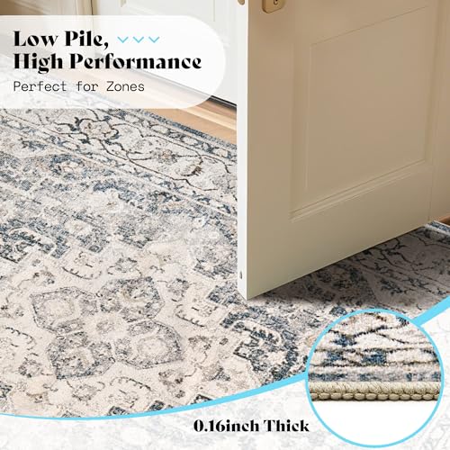 Image of AMERLIFE 5'x8' Wilton Collection Area Rug, Durable Low Pile Non-Slip Washable Rug for High Traffic Areas, Distressed Floral Pattern Vintage Rug for Living Room, Bedroom, Dining Room,Light Blue
