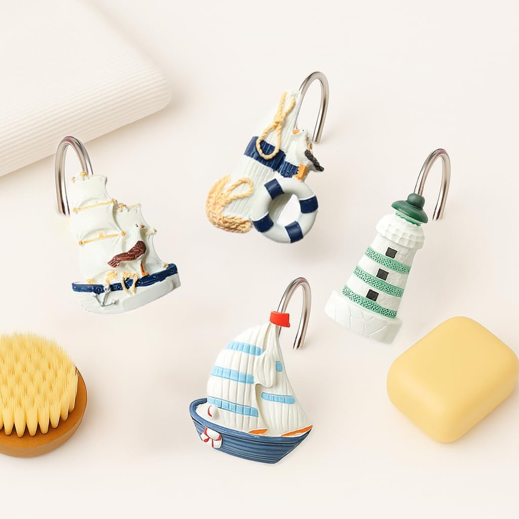 Nautical Shower Curtain Hooks Set of 12, Ocean Theme Resin Sailboat Lighthouse Seagull Design, Decorative Shower Hooks for Bathroom Beach House Lovers Nautical Decor image 4