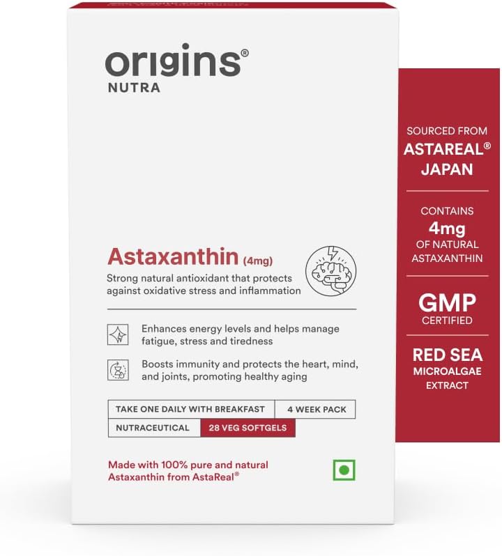 Astareal® Natural Astaxanthin 4 mg from Japan | Antioxidant for Energy, Immunity & Muscle Recovery | 28 veg. Softgels | GMP Certified | Pack of 1