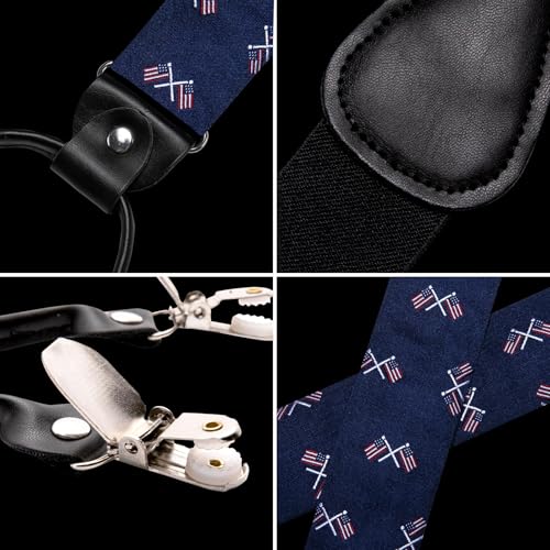 Image of Hi-Tie Men Suspender Bowtie Set Suspenders Pre-tied Bow Tie Pocket Square Cufflinks Adjustable Y Shape 6 Clips Braces Tuxedo