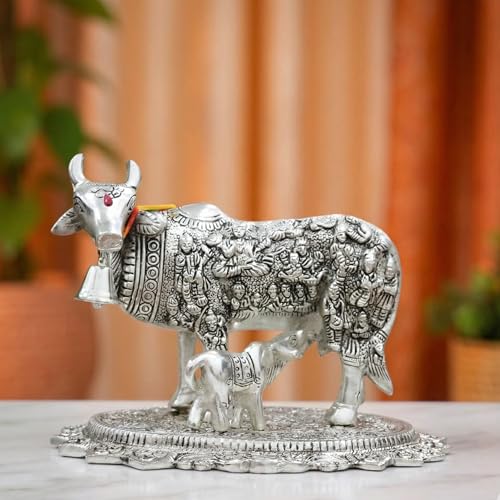 Image of Kamdhenu Cow with Calf Idol for Home Decor | Metal Cow Statue with Intricate Embossed Design | Vastu & Pooja Decorative Showpiece | Temple, Office, Housewarming & Gift Item (Silver)