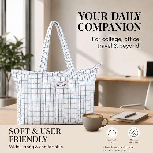 Image of Premium Cotton Waffle Quilted Tote Bag, Large Spacious Handbag for College, Office, Work, Travel, Shopping & Daily Use