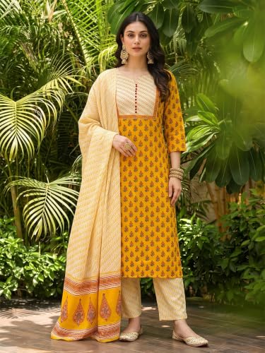Image of Vaamsi Women's Rayon Blend Ethnic Motifs Printed Straight Kurta Palazzo With Dupatta (VKSKD1042 Yellow XL)