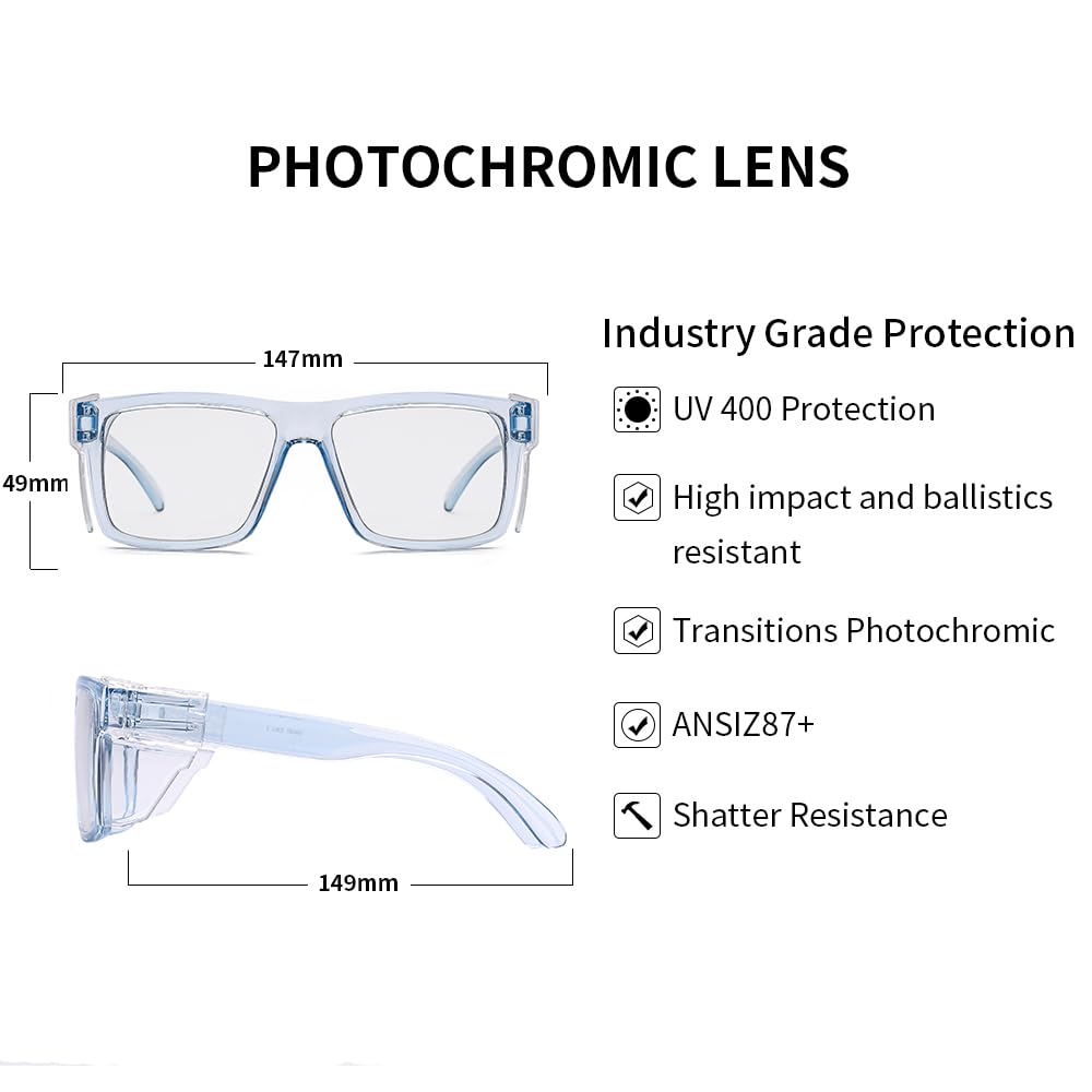 Gafas de seguridad fotocromáticas de transición UV400 Bluelight antiarañazos y resistentes a los impactos, cumple con la norma ANSI Z87.1