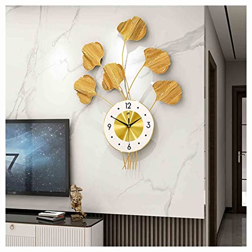 Horloge murale suspendue en fer forgé feuille de ginkgo dorée grand format
