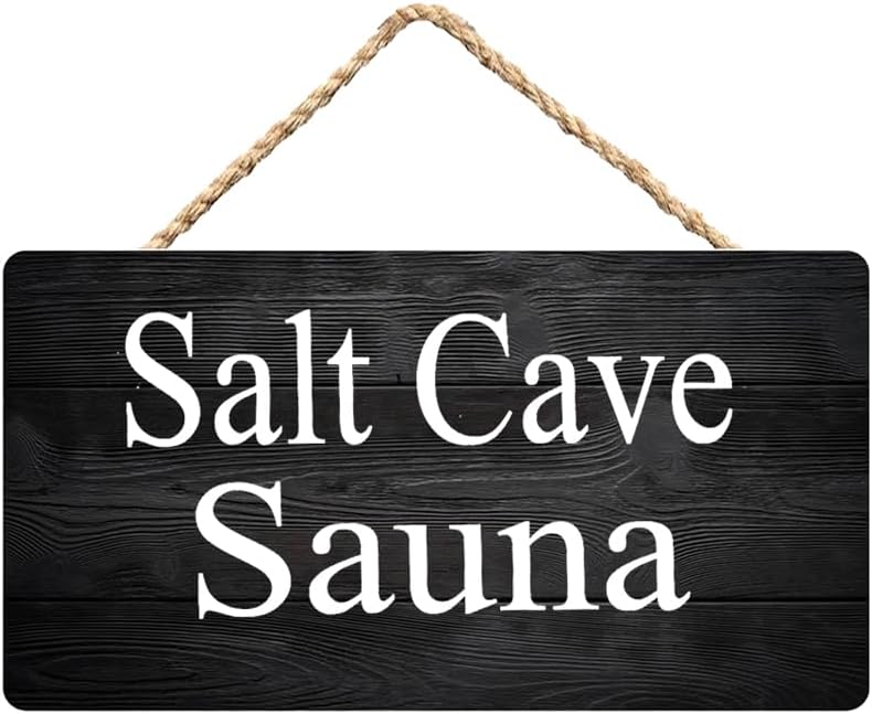 Letrero de madera para casa divertido, rústico, de 12 x 6 pulgadas, 11.8 x 5.9 in, para colgar en la puerta, con cueva de sal, sauna, letreros de