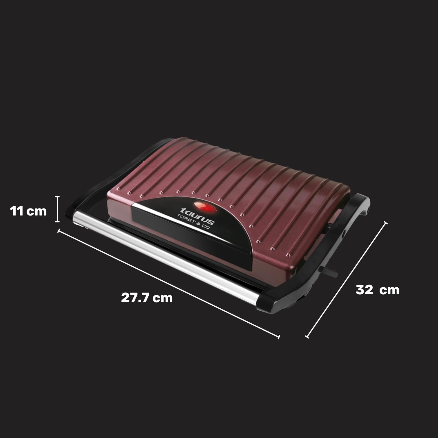 Taurus - Sandwichera eléctrica Toast & Co 700W, Placas grill antiadherentes, Placa superior auto ajustable, Asa cool touch, Sistema de bloqueo, Almacenaje vertical, Burdeos