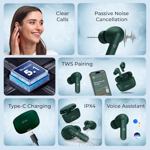 Image of pTron Basspods P81 in-Ear Wireless Earbuds, Pristine Sound, 32Hrs Playtime, Clear Calls TWS Earbuds, Bluetooth V5.1 Headphone, Type-C Fast Charging, Voice Assist & IPX4 Water Resistant (Green)