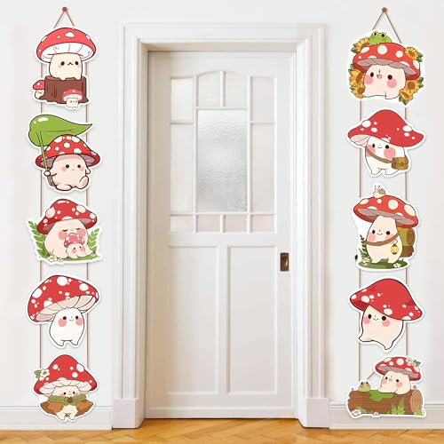 2Pcs Red Forest Mushroom Party Porch Sign Door Hanging Banner Mushroom Themed Party Supplies Door...