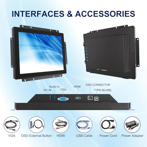 Image of 10-Point Multi-Touch Industrial Display 1024x768, 12.1 Inch Open Frame Capacitive Touch Screen Monitor, IP65 Front Waterproof Multi-Touch LCD Display with HD-MI VGA Ports